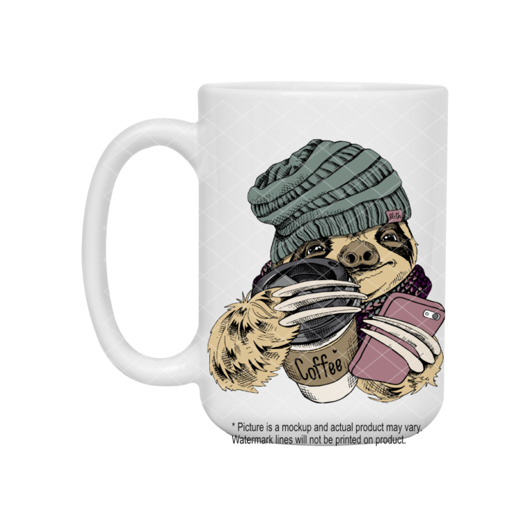 Coffee and Phone Sloth with wool hat